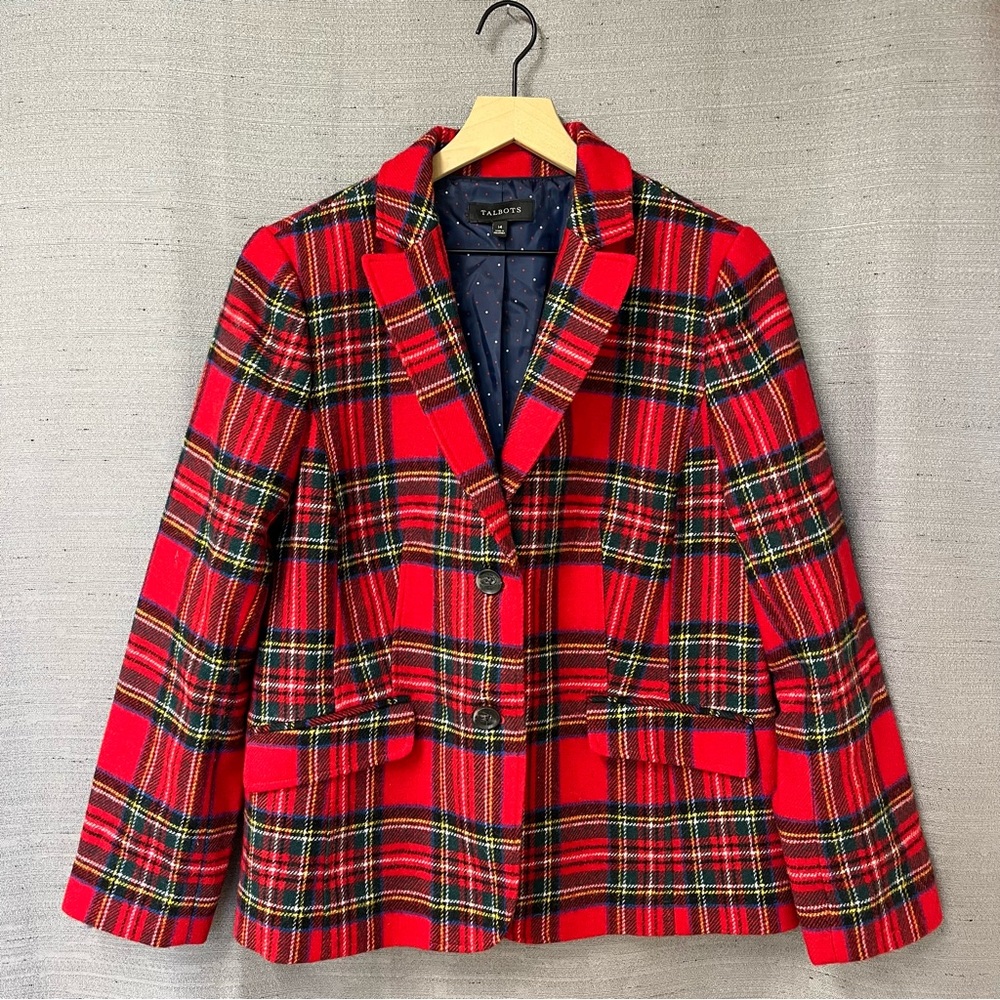 Talbots Red Plaid Wool Blend Button Up Blazer Size 14